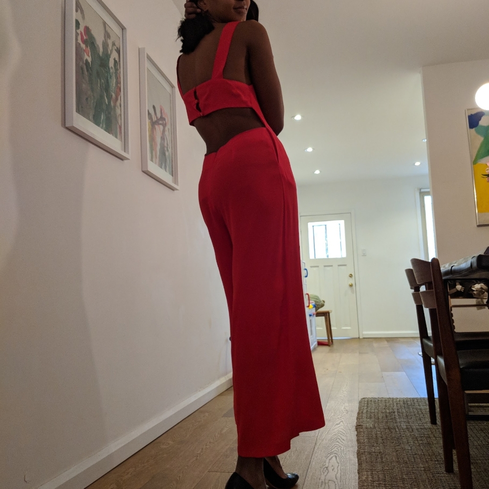 Vibrant Red Knit Jumpsuit with Halter Neckline